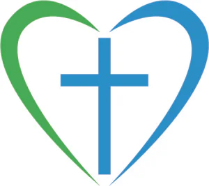 A blue and green heart with a cross inside of it.